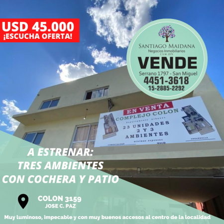 TRES AMBIENTES CON PATIO Y COCHERA JOSE C. PAZ