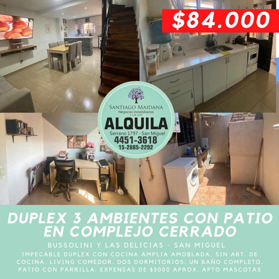ALQUILER DUPLEX TRES AMBIENTES CON PATIO SAN MIGUEL